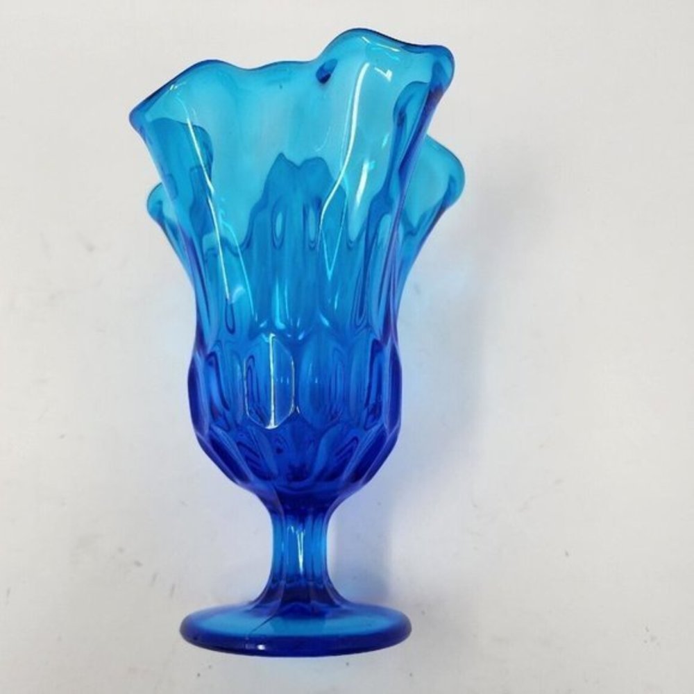 Vtg‎ Fenton Swung Stretch Handkerchief Pedestal Thumb Print Colonial Blue Vase - Picture 6 of 12
